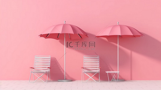 夏季氛围极简主义沙滩椅和雨伞与充满活力的粉红色墙壁 3D 渲染