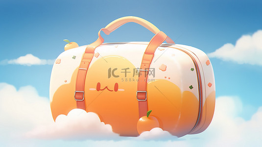 独自旅游背景图片_3d 渲染的橙色旅行包独自站在蓝天背景下
