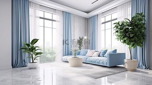 蓝色沙发沙发背景图片_复古风格的现代客厅 3D 渲染白色空间与蓝色布艺沙发