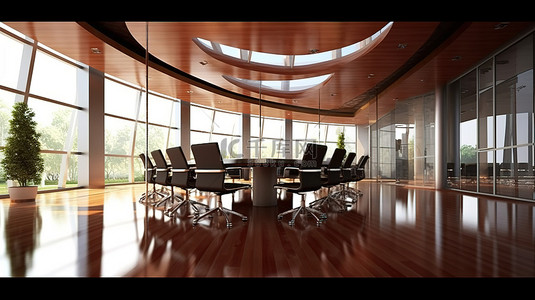 宽敞现代的办公室，配有引人注目的会议桌 3D 渲染