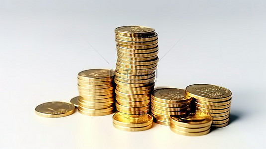 空白金币单独堆放在白色背景上，通过 3D 渲染描绘外汇交易和商业投资