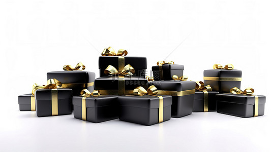 购物装饰背景图片_白色背景的 3D 渲染，黑色礼品盒装饰有金色丝带和圣诞老人​​帽子