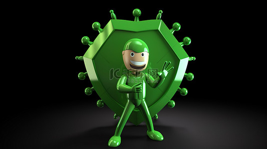 3D 渲染的绿色盾牌挥舞卡通男性角色与病毒图标以保护健康