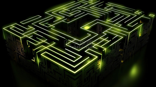 绿色邮票背景图片_黑色背景上抽象迷宫的绿色等距立方体迷宫概念 3D 插图