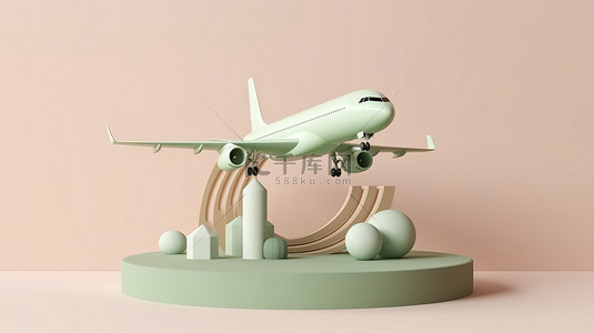 飞机起飞的气背景图片_登上领奖台的柔和绿色和白色飞机的 3D 渲染，准备在柔和的背景下起飞