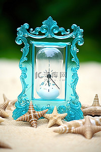 定制玻璃框架蓝色海滩海星沙计时器 12x8