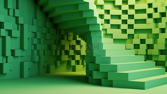 几何楼梯背景图片_绿色抽象环境中彩色几何楼梯的 3D 渲染