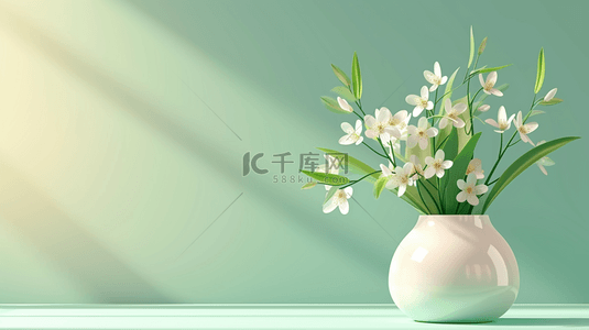 简约绿色墙面有花瓶花朵的背景图15