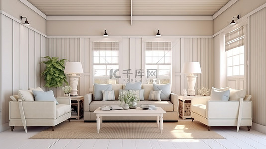 家庭享受背景图片_受汉普顿风格 3D 渲染插图启发，在舒适的家居室内享受沿海设计的温馨起居空间