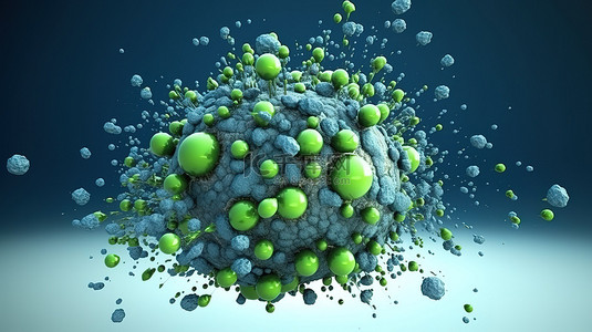 空旷空间中的混沌 3D 渲染蓝色和绿色抽象球体与飞行粒子