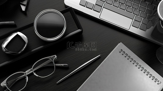 带有笔记本电脑笔笔记本和眼镜的黑色桌子工作区的 3D 渲染顶视图