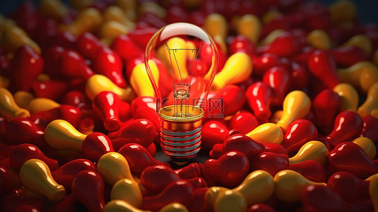 在 3D 渲染中，红灯泡在一堆黄色灯泡中脱颖而出