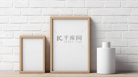 相框白背景图片_不同尺寸的白色桌子和砖墙背景的简约木制相框