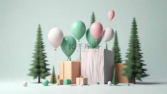 花精美背景图片_精美的节日讲台 3D 设计，带有树木气球礼品盒和花环