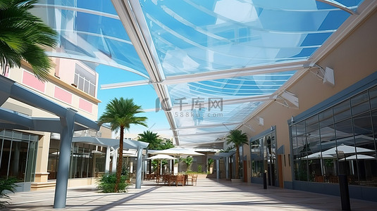 白色科技大楼背景图片_Megamall 的时尚屋顶设计是金属和玻璃建筑的杰作，带有遮阳篷盖 3D 渲染