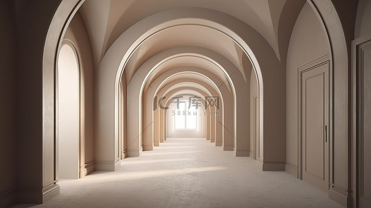 有古住宅的建筑走廊 3D 渲染的柱子和空墙图像