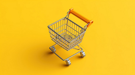 黄色背景的小型购物车的顶视图，用于简约购物 3D 渲染的超市购物概念