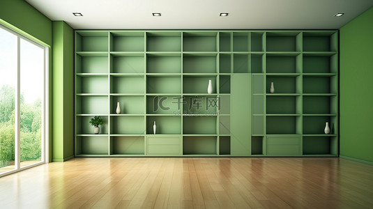 电视墙背景图片_现代绿色橱柜在空荡荡的客厅 3d 渲染