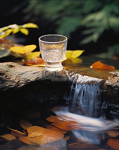 一个杯子放在水景上，周围有树叶