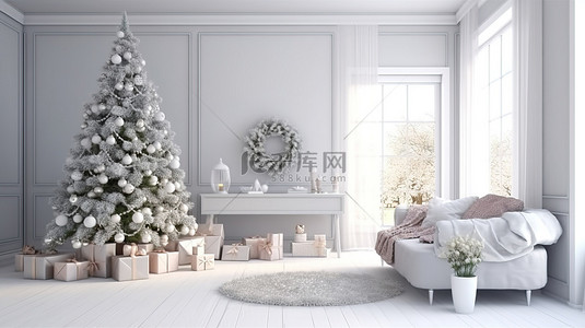 礼物圣诞袜背景图片_节日客厅圣诞树礼物和长袜装饰空间的 3D 渲染