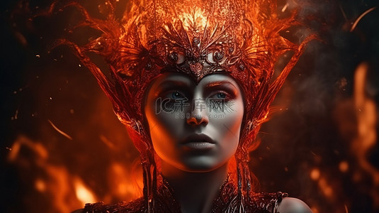 红发背景图片_火热奇幻女王的火之围攻3D插画渲染