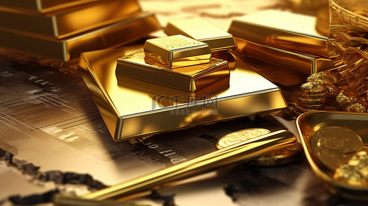 黄金投资 3D 渲染纯金条和货币在宝藏背景上