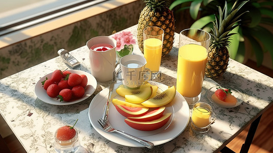 桌子上显示的新鲜水果早餐 3d 插图和渲染