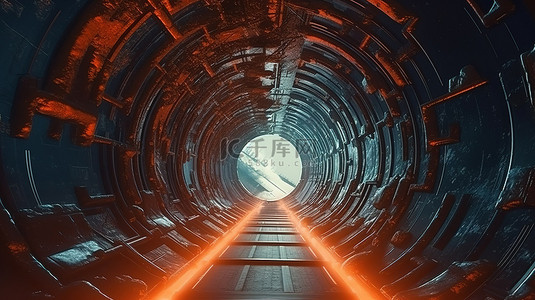 抽象科幻隧道 3D 渲染的未来飞行