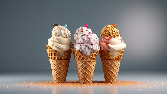华夫饼锥上美味的冰淇淋勺，奶油味十足，3D 摄影插图