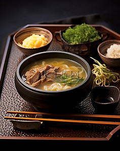 一碗汤，盘子上有勺子和筷子