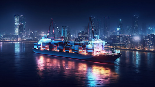 货物海上运输背景图片_通过城市运输货物的集装箱船夜间 3D 渲染