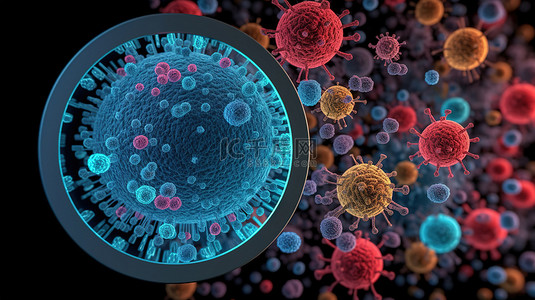 病毒在空调 3D 模拟中繁殖的放大视图