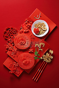 文字堆叠背景图片_一个年糕一根筷子和红色装饰品