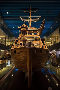 博物馆大厅展出的一艘木船
