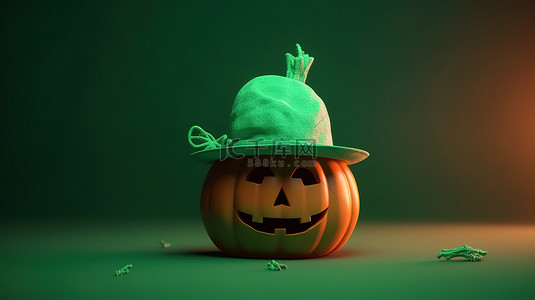 戴帽子卡通小狗背景图片_节日万圣节场景 3D 渲染南瓜头戴帽子在绿色背景庆祝 10 月 31 日