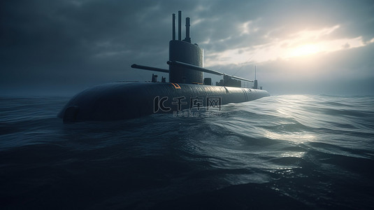 军用潜艇在海面上进行攻击训练的 3d 渲染