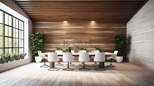 会议室墙背景图片_时尚的阁楼会议室配有白色办公桌木质图案墙和地板 3D 渲染