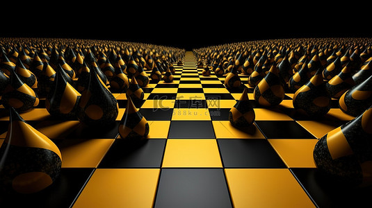 黑色和黄色金字塔是 3D 插图中非常规的棋盘图案