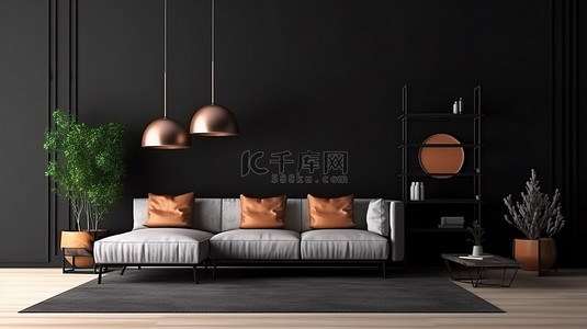 配草背景图片_简约的客厅配有空家具和时尚的黑墙，以高品质 3D 渲染捕捉