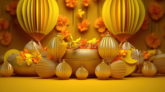 中国新年装饰品的 3D 渲染充满活力的黄色灯笼和风扇