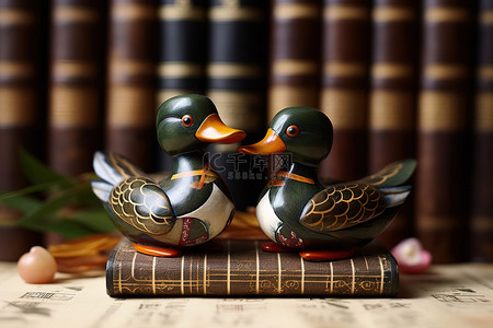 两个小鸭子雕像坐在书籍和东方装饰品上