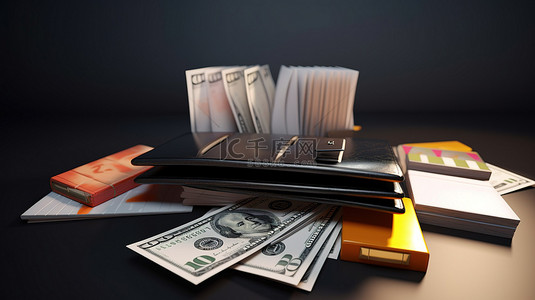 钱包弹窗背景图片_省钱概念钱包账单堆放硬币和信用卡的 3D 插图