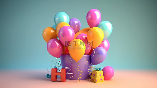 彩色气球显示，带有 3D 渲染的生日信息