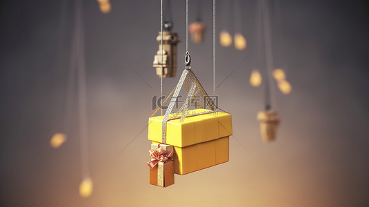 孤立地悬挂在特写起重机上的礼物的 3D 插图