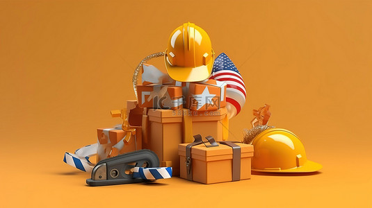 工人主题背景图片_建筑主题礼品盒和气球庆祝美国劳动节 3D 渲染