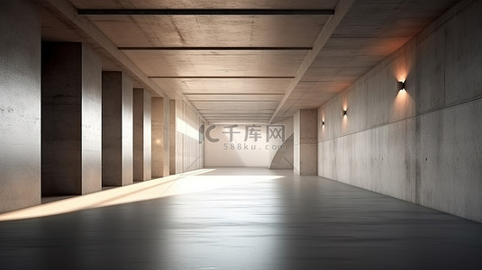 无人居住的地下走廊的 3D 渲染，有混凝土地板和阳光投射阴影