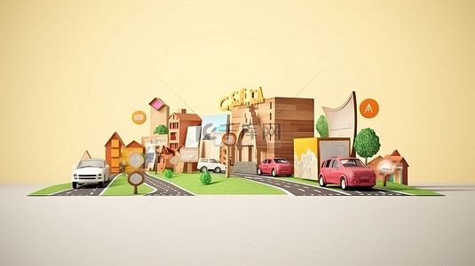 以 3D 插图显示道路和高速公路旅游广告的独立立方体