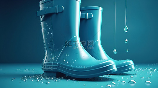 雨天必需品 3d 渲染雨靴和蓝色背景雨伞，带有商业用途的复制空间