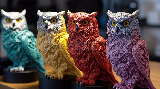 四个 3D 打印的彩色猫头鹰模型站在一起的特写视图