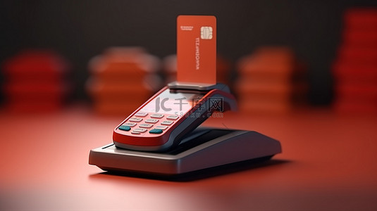 无线支付系统 3D 渲染信用卡 pos 终端和在线购物和交付概念
